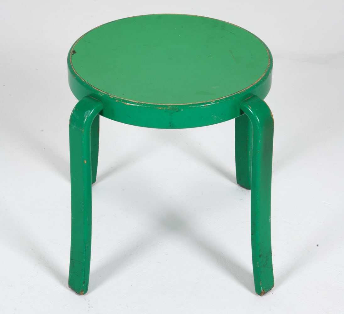 THYGESEN & SORENSEN PAINTED SIDE TABLE C. 1960S: Designed by Rud Thygesen & Johnny Sorensen for Magnus Olesen. Tagged underneath. Denmark, circa 1960s. Dimensions: H 18" x Diameter 21". Condition: Chipping and scratches on the surface. Wear consiste