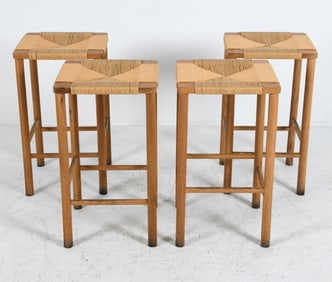 (4) HANS WEGNER STYLE DANISH OAK AND RUSH STOOLS