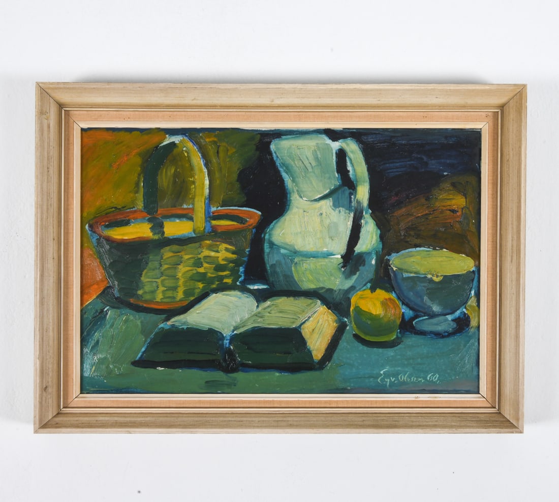 EYVIND OLESEN (1907-1995) STILL LIFE O/C: Signed and dated by artist to lower right corner. Information about artist on back. Oil on canvas. Denmark, 1960. Dimensions: Frame H 20" x W 27.75". Canvas H 16" x W 23.75". Condition: Minor dings to