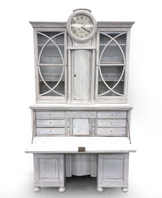 SWEDISH GUSTAVIAN PINE SECRETARY CABINET W/ CLOCK