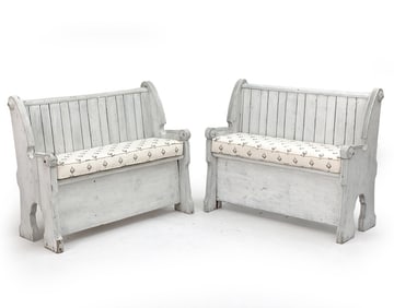 PAIR OF PAINTED PINE FARMHOUSE STYLE BENCHES