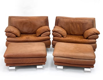 ITALIAN LEATHER LOUNGE CHAIR AND OTTOMANS