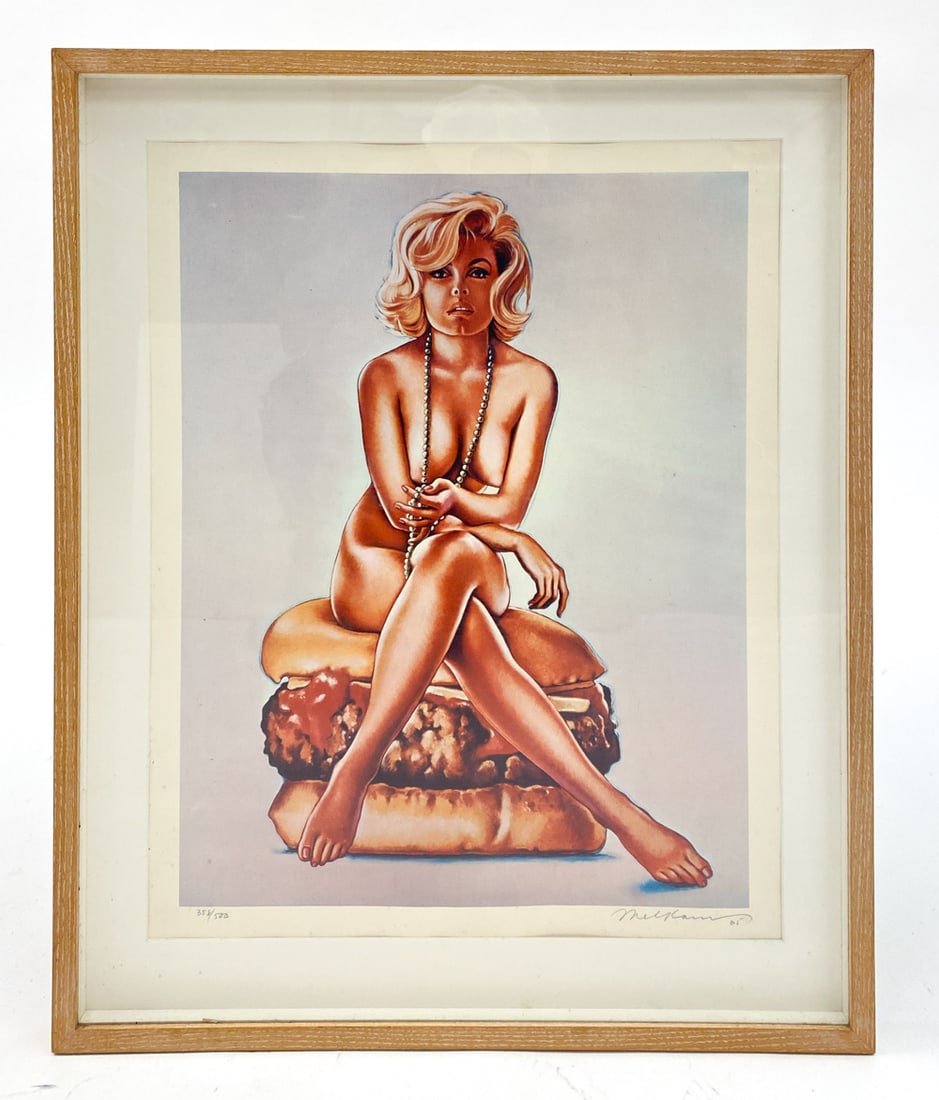 MEL RAMOS (1935-2018) "VERNA BURGER" 1965 LITHO: Framed lithograph titled "Verna Burger", by Melvin John Ramos. Signed and dated 1965 and numbered 358/500 lower margin. Lithograph. Dimensions: (Frame) H 26" x W 21" (Sight) H 19" x W 14.5" Condition: