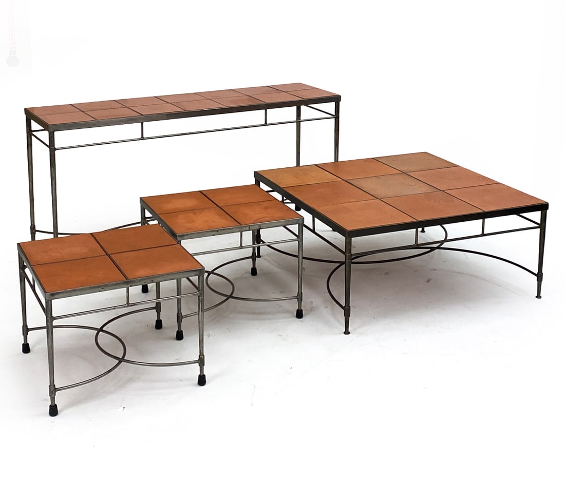 TERRACOTTA & WROUGHT IRON TABLE SUITE: Grouping of Bloomingdales tables with wrought iron frames with inset terracotta tiles for the tops. Includes one console table, one coffee table, a pair of side tables, and many extra tiles of differe