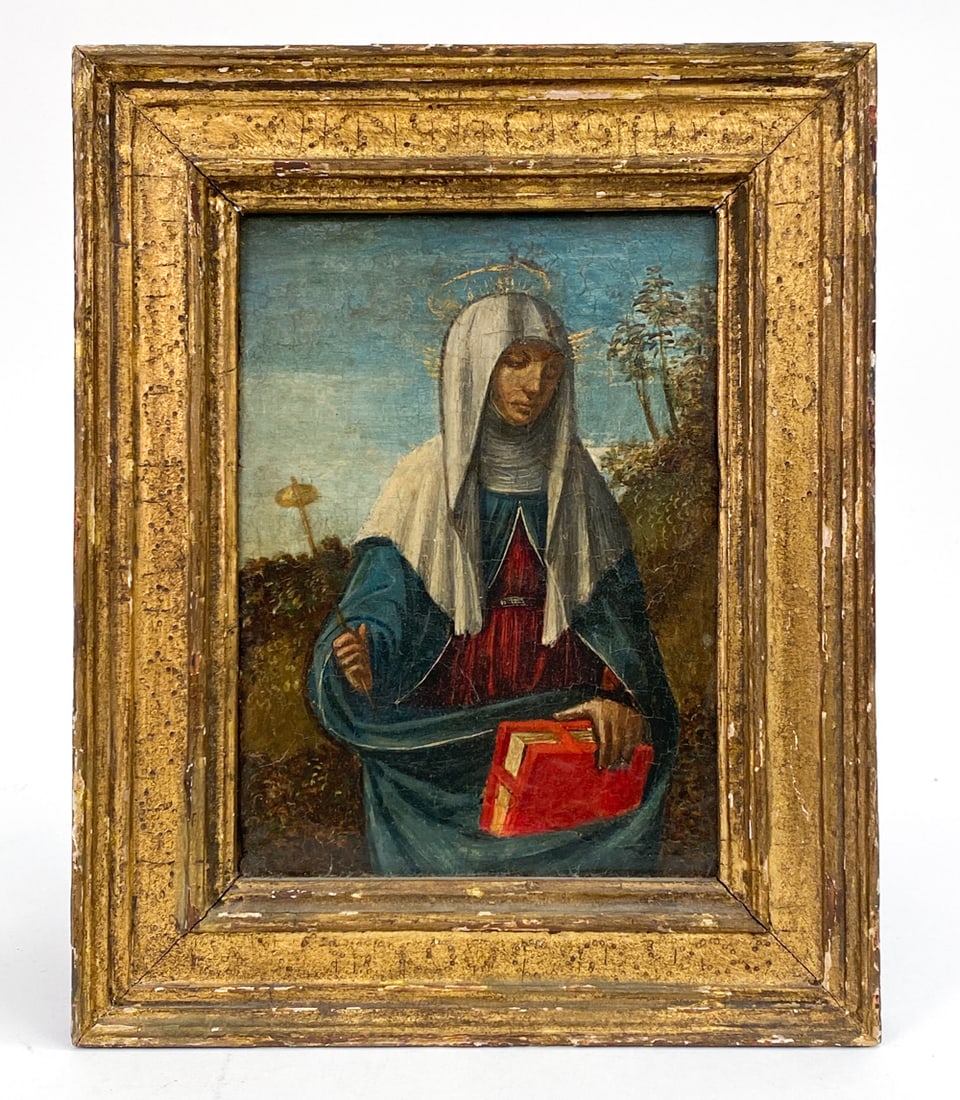 ANTIQUE ITALIAN PAINTING OF SAINT ANNE: Portrait depicting Saint Anne. Stamped on back of wood panel. Dimensions: (Frame) H 12.5" x W 10" (Panel) H 9" x W 6.5" Condition: Frame with wear and small losses. Surface craquelure. Wear consistent