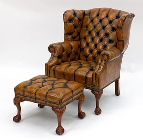 CHESTERFIELD LEATHER WINGBACK CHAIR W/ OTTOMAN