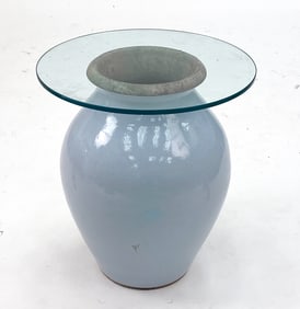 FRONTGATE CERAMIC VASE SIDE TABLE W/ GLASS TOP