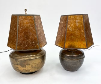 (2) BRASS LAMPS W/ MICA SHADES