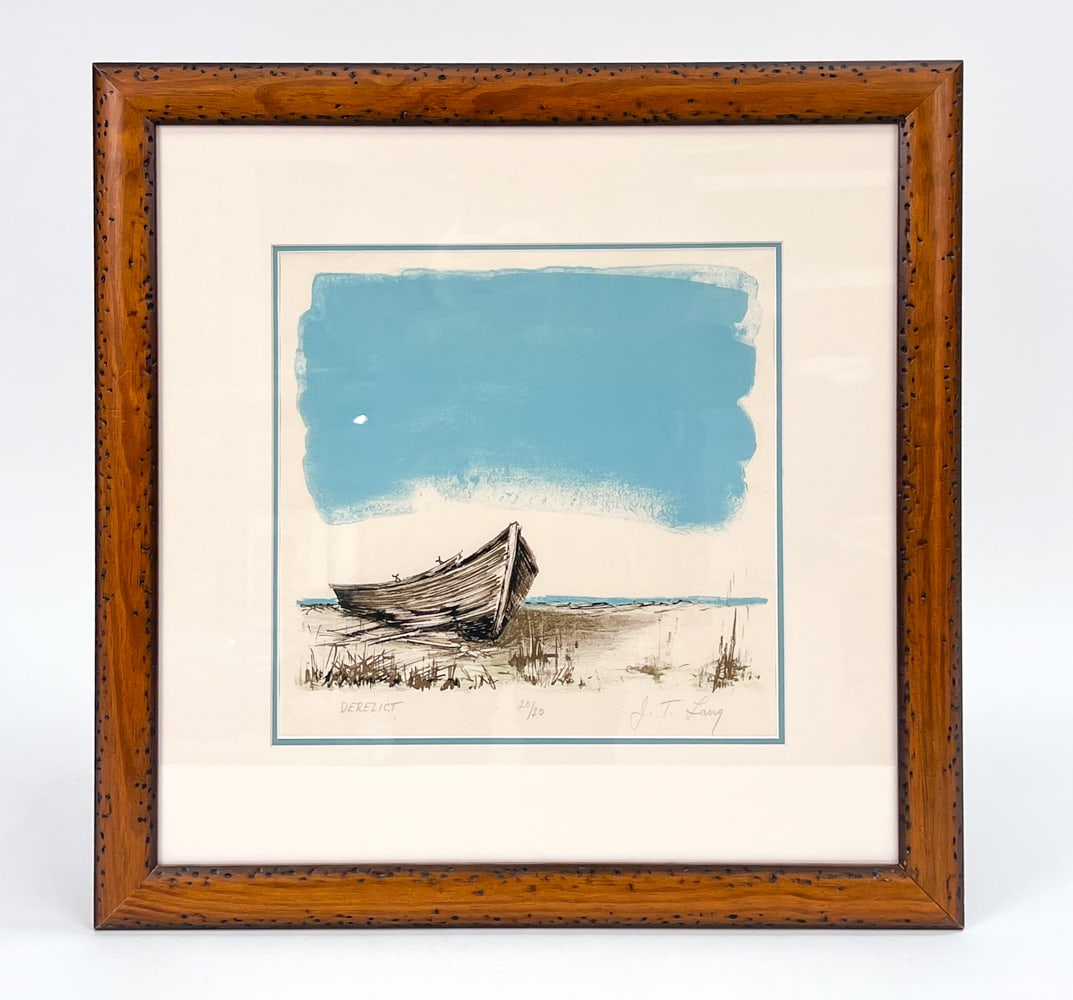 J. T. LANG LITHOGRAPH: Depicts a broken row boat washed up on a beach with the ocean in the background. Titled "Derelict", numbered 20/20, and pencil signed J. T. Lang bottom margin. Dimensions: (Frame) H 22" x W 22" (Sight