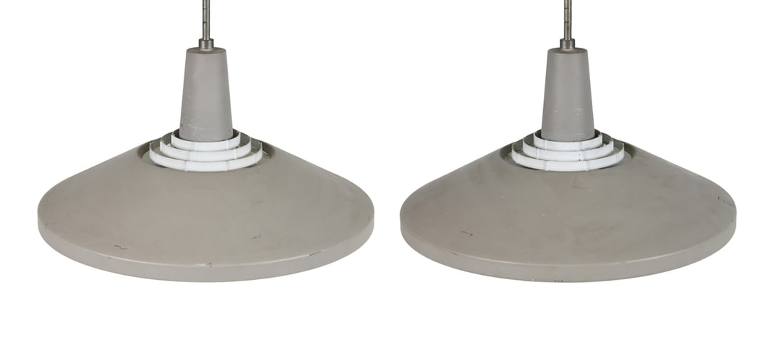 PAIR OF LYFA FYNS-PLAN PENDANT LIGHTS: Pair of steel pendant lights in grey finish. Denmark, circa 1970s. Dimensions: H 10" x Dia. 18". Condition: Wiring untested. Minor scuffs and scratches. Wear consistent with age and use.