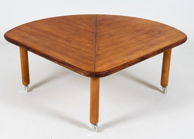 DANISH PINE ROLLING TRIANGLE COFFEE TABLE C. 1970S