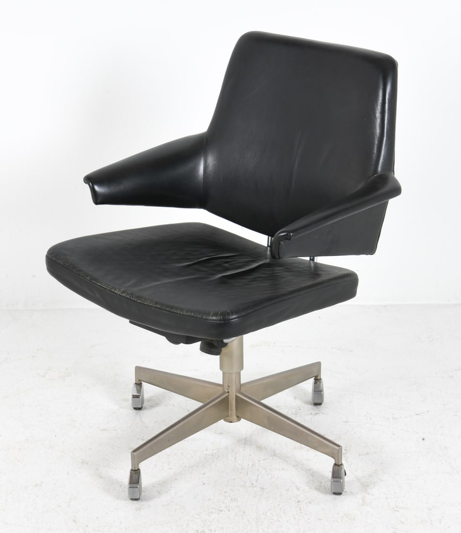 JACOB JENSEN DANISH LEATHER OFFICE CHAIR C. 1960S: Black leather upholstered chair designed by Jacob Jensen for Labofa. Apparently unmarked. Denmark, circa 1960s. Dimensions: H 35" x W 26" x D 24" x SH 18.5". Condition: Slight drying to leather, few r