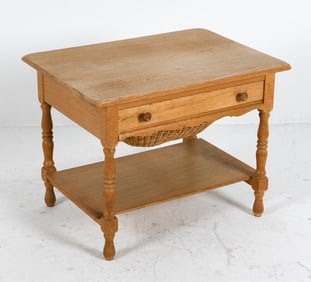 DANISH OAK & RATTAN SEWING SIDE TABLE C. 1970S
