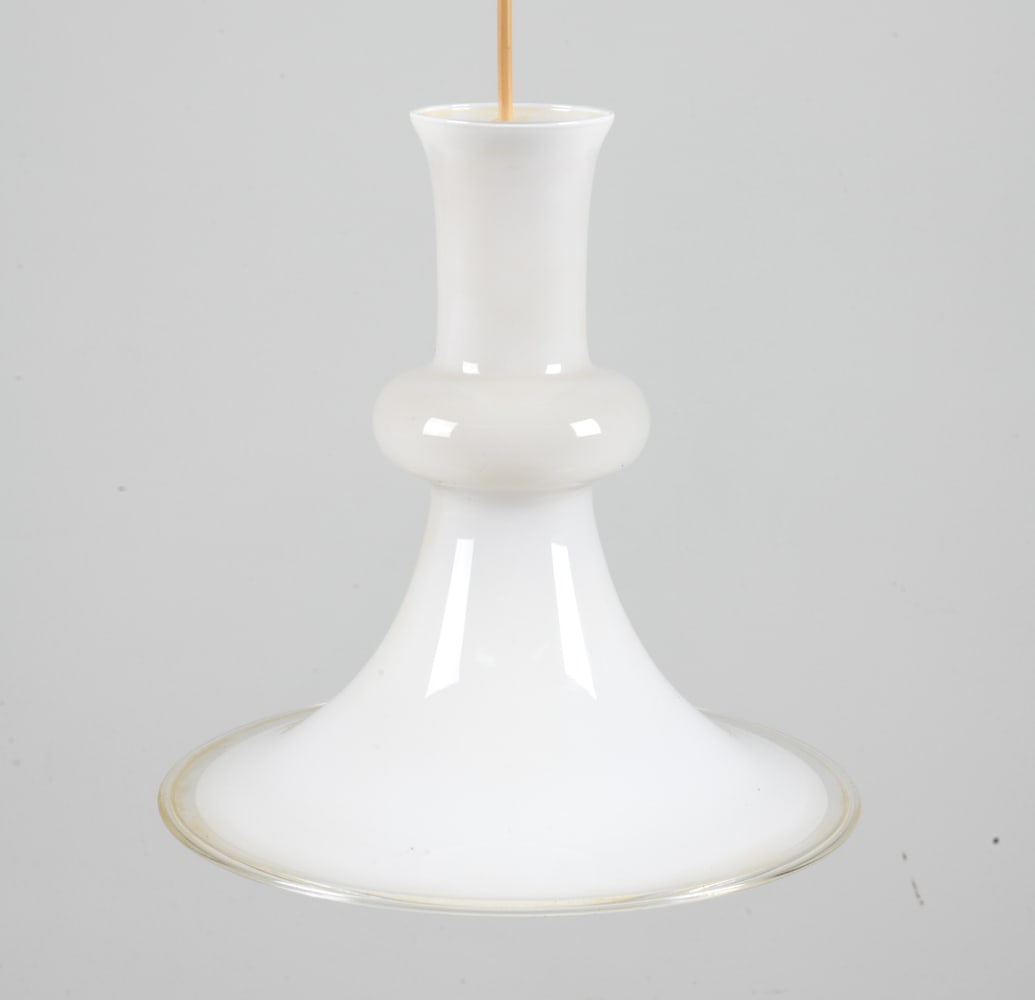 HOLMEGAARD ETUDE OPALINE GLASS PENDANT LIGHT: Designed by Michael Bang. Tagged to top near socket. Denmark, circa 1980s. Dimensions: H 12" x Dia. 12". Condition: Slight discoloration to interior. Wiring untested. Wear consistent with age and use.