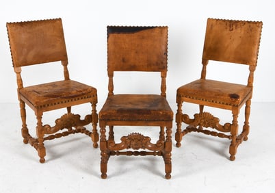 (3) RENAISSANCE REVIVAL STYLE OAK & LEATHER CHAIRS
