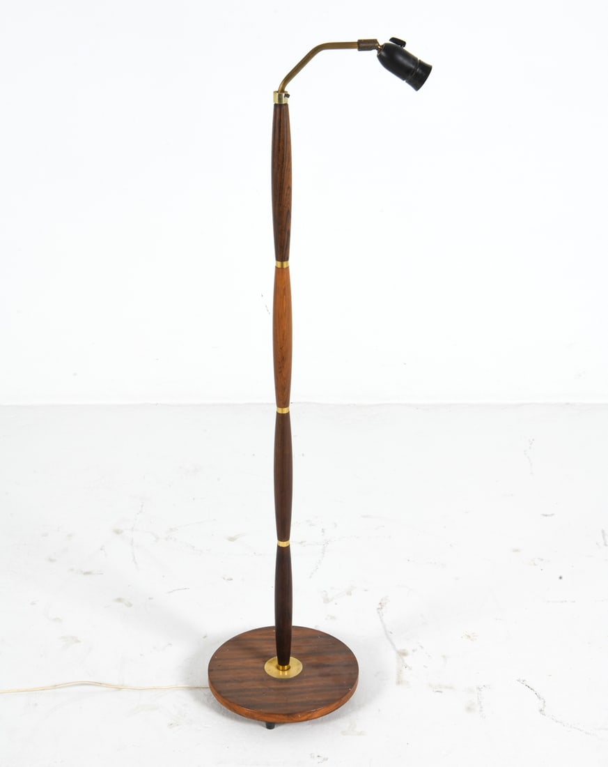 DANISH ROSEWOOD & BRASS FLOOR LAMP C. 1960S: Rosewood floor lamp with brass accents. Denmark, circa 1960s. Dimensions: H 43" x Dia. 11". Condition: Wiring untested, European plug. Minor scuffs, few paint spots. Wear consistent with age and use.