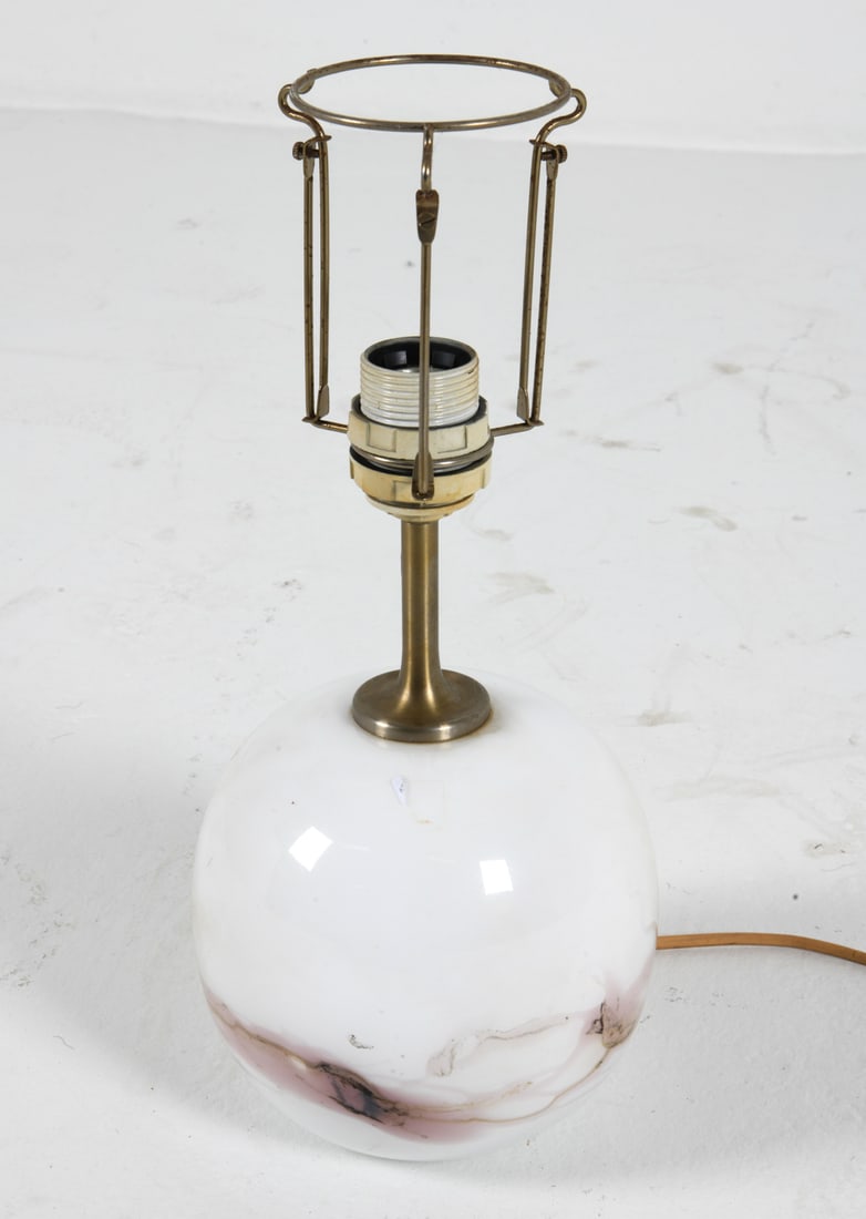 MICHAEL BANG HOLMEGAARD 'SAKURA' GLASS TABLE LAMP: Designed by Michael Bang. Glass table lamp with abstract design. Denmark, circa 1980s. Dimensions: H 15.5" x Dia. 6.5". Condition: Wiring untested, European plug. Minor scuffs. Yellowing to cable. Wea