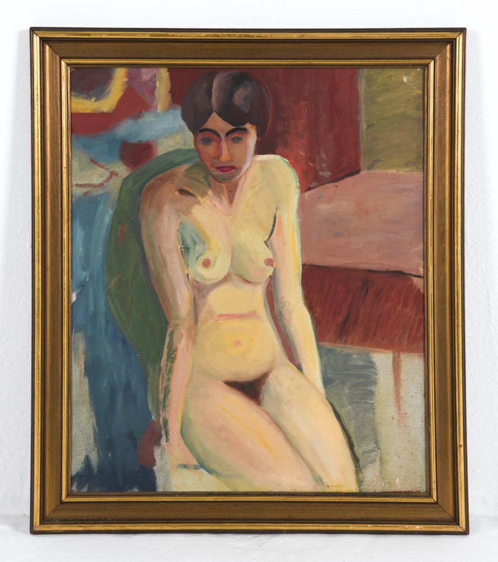 SCANDINAVIAN MID-CENTURY NUDE O/C: Apparently unsigned. Portrait of a nude woman seated. Mid 20th century. Dimensions: Frame H 26.5" x W 22.25". Canvas H 22.5" x W 19". Condition: Minor scuffs to frame and canvas. Wear consistent with 
