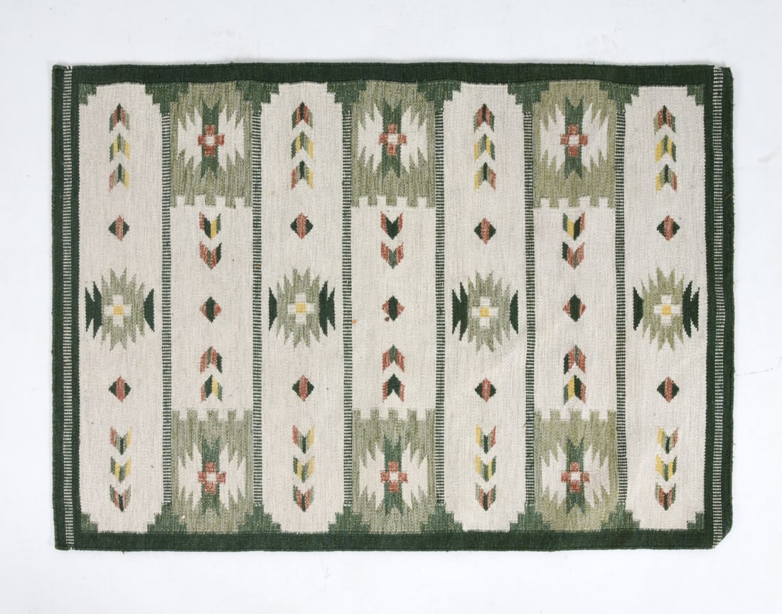 VINTAGE KILIM RUG C. 1970S: Flat weave in green, beige, and red. Dimensions: L 78" x W 56". Condition: Wear consistent with age and use including minor fading