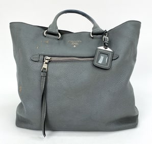 PRADA GREY VITELLO DAINO CONVERTIBLE TOTE BAG L