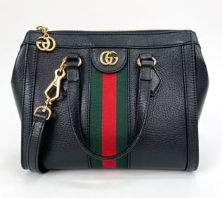 GUCCI OPHIDIA GG BLACK LEATHER TOTE BAG