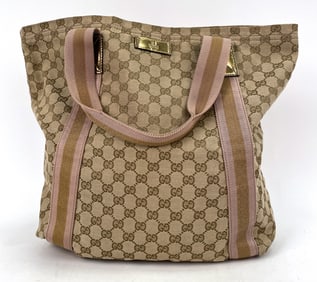 GUCCI GOLD CANVAS FLAT WEB TOTE BAG