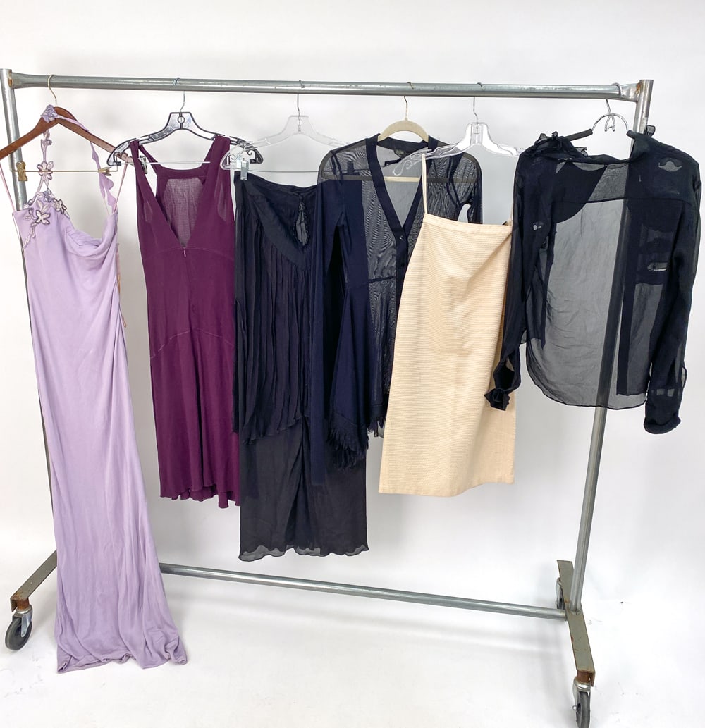 GROUPING OF WOMEN'S DESIGNER CLOTHING: Including 6 items: Gianni Versace purple evening gown size 42 #60VEY-005, Alaia purple midi dress size XS 60ALW-027, #60GNX-024 French designer black cocktail dress, Jean Paul Gaultier black mesh mini