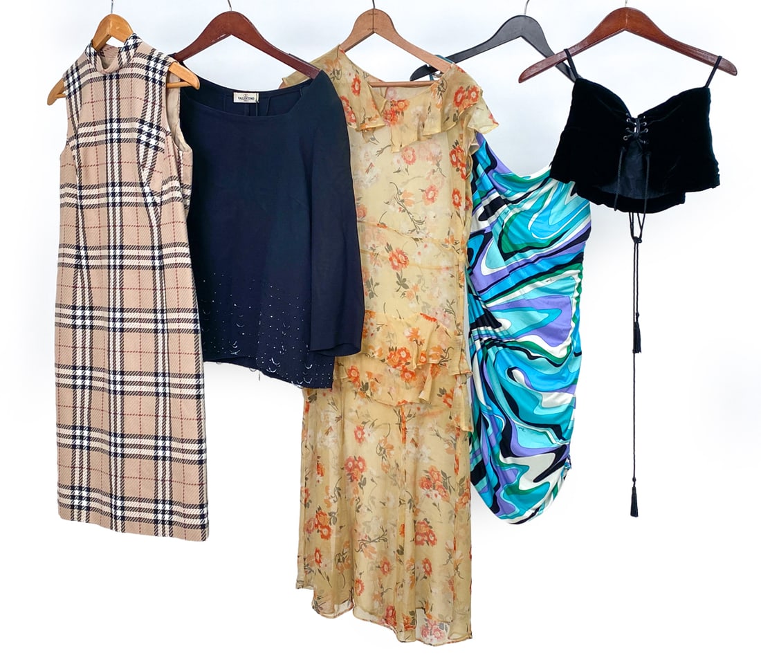GROUPING OF WOMEN'S DESIGNER CLOTHING: 5 items including: Yves Saint Laurent FW87 black velvet ruffle skirt belt #60YSH-062 size 40, Emilio Pucci SS 07 blue metal Geo Dress, size 42 #60PUAE-000, 30S yellow silk flower ruffle sleeveless dre