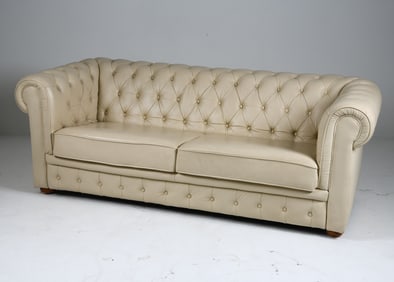 VINTAGE WHITE LEATHER CHESTERFIELD SOFA 20TH C.