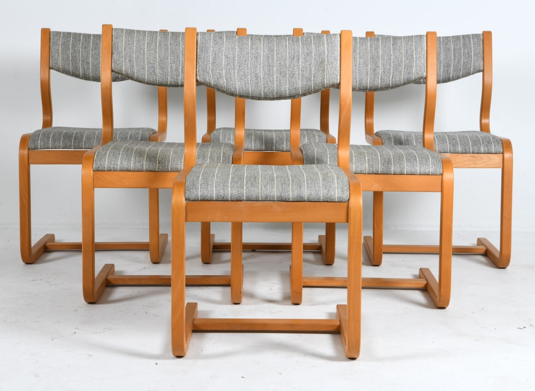 (6) THYGESEN & SORENSEN BEECH LOUNGE CHAIRS 1970S: Designed by Rud Thygesen & Johnny Sorensen for Magnus Olesen. Beech bentwood frames with wool upholstery. Apparently untagged, but marked numbers underneath. Denmark, circa 1970s. Dimensions: H 31.5"