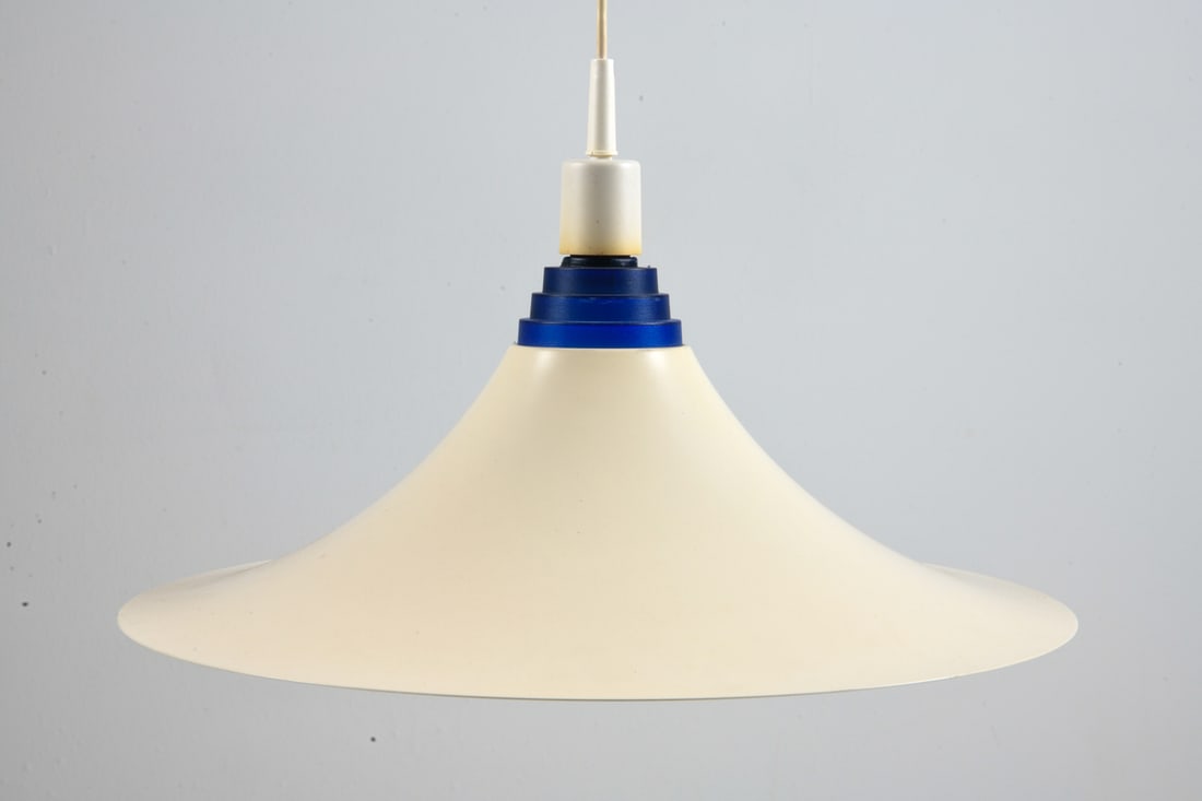 NORDLUX M. 4522 DANISH PENDANT LIGHT C. 1960S: Marked inside the shade. Denmark, circa 1960s. Dimensions: (Fixture) H 5" x Dia 17" Condition: Untested. Light handling wear consistent with age and use. Small loss to blue section. EN003