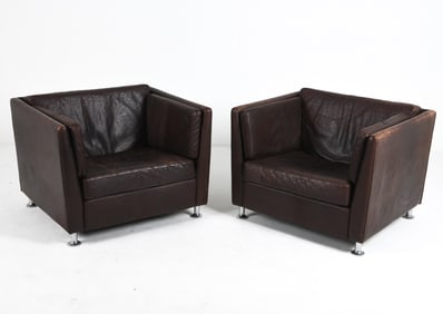 PAIR MANNER OF WEGNER LEATHER LOUNGE CHAIRS