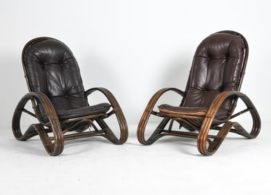 STYLE OF TITO AGNOLI BAMBOO & LEATHER ARMCHAIRS