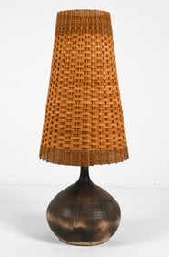 RUSCHA STYLE STONEWARE & RATTAN TABLE LAMP 1970S