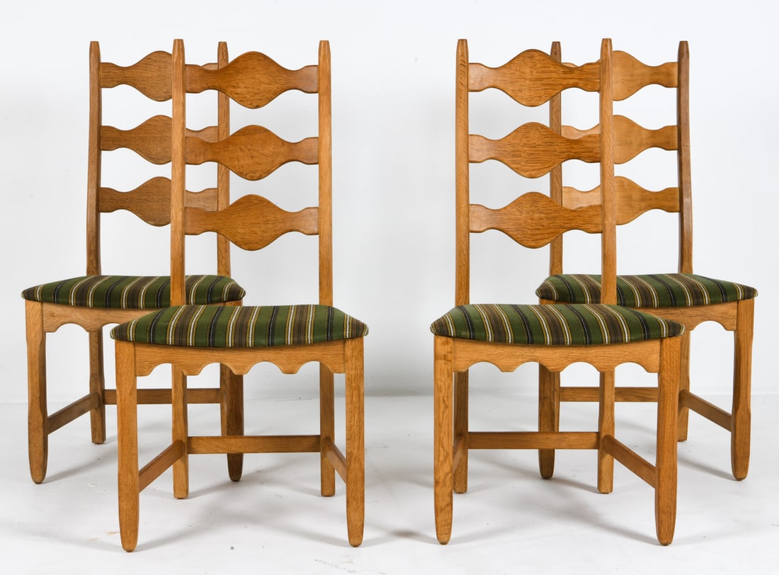 (4) HENNING KJAERNULF OAK DINING CHAIRS C. 1970S: Oak ladder back frames with wool upholstered seats. Apparently unmarked. Denmark, circa 1970s. Dimensions: H 40" x W 20.25" x D 16.25" x SH 17". Condition: Minor scuffs to wood, few spots of discolora