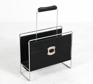 GERMAN STEEL & FAUX LEATHER MAGAZINE RACK C. 1970S