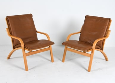 PAIR STOUBY DANISH BEECH & LEATHER LOUNGE CHAIRS