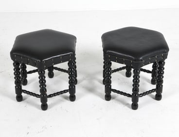 PAIR OF DANISH BOBBIN-TURNED LEATHER STOOLS 1960S