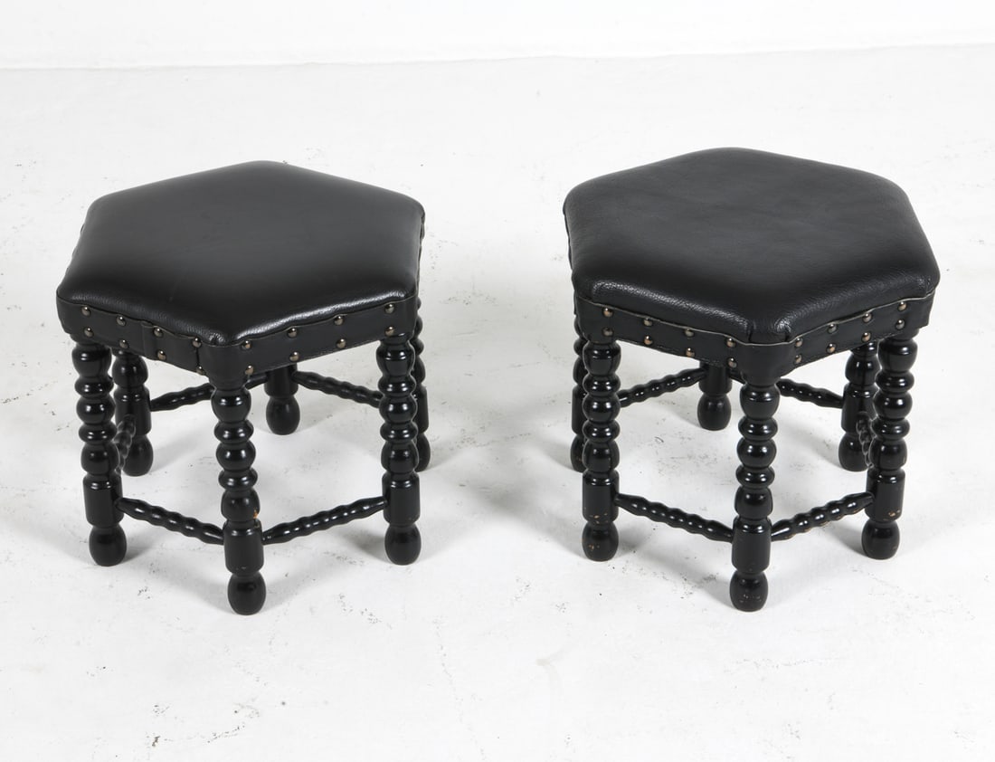 PAIR OF DANISH BOBBIN-TURNED LEATHER STOOLS 1960S (1 of 11)