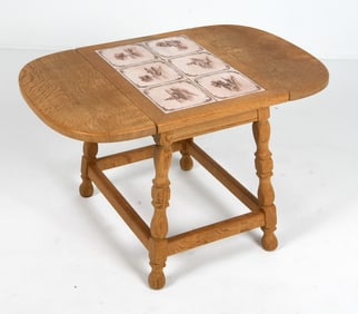 DANISH OAK & TILE DROP-LEAF SIDE TABLE C. 1970S