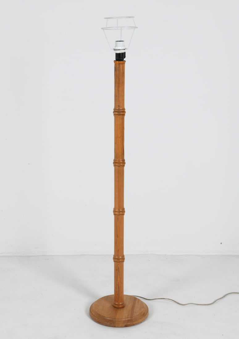 ANETA STYLE NORWAGIAN PINE FLOOR LAMP C. 1970S: Dimensions: H 55.75" x Dia 15.75" Condition: Light wear consistent with age and use including small spots to soiling to shade. EN188