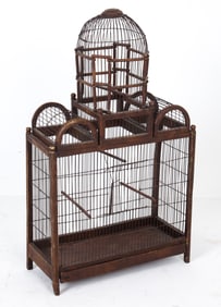 LARGE IRON & PAINTED WOOD BIRD CAGE