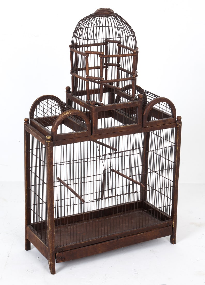 LARGE IRON & PAINTED WOOD BIRD CAGE (1 of 11)