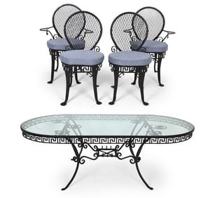 MANNER OF SALTERINI WROUGHT IRON TABLE & CHAIRS