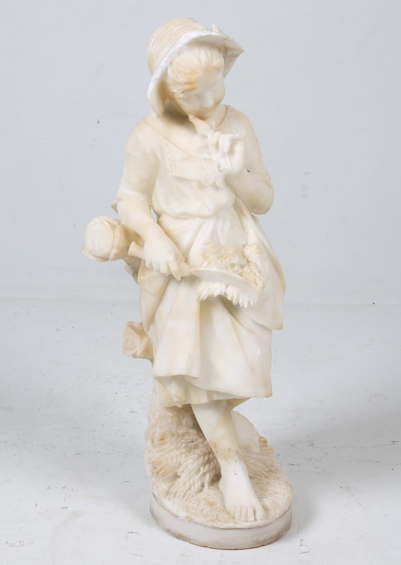 ALABASTER SCULPTURE OF A YOUNG GIRL: Marble sculpture of a girl with flowers or wheat. Dimensions: H 29" x W 10" x D 11". Condition: With some chips, losses to edges of sculpture. Losses and previous repair to hat.