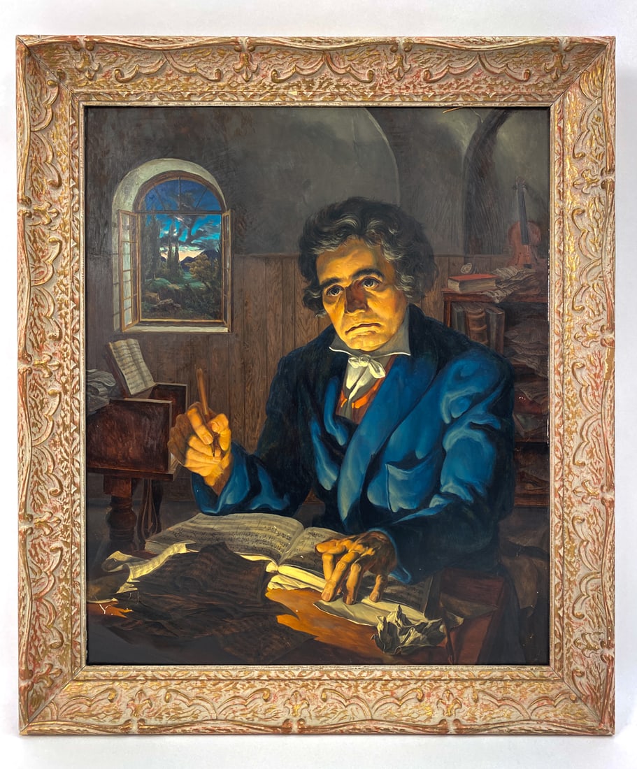 RUDOLPH ZALLINGER (1919-1995) BEETHOVEN PORTRAIT: Beautiful painting depicting the portrait of Beethoven, by Rudolph Zallinger. With a check written to the artist, as proof of provenance. Oil on board. Circa 1944. Dimensions: (Frame) H 35.5" x W 30"