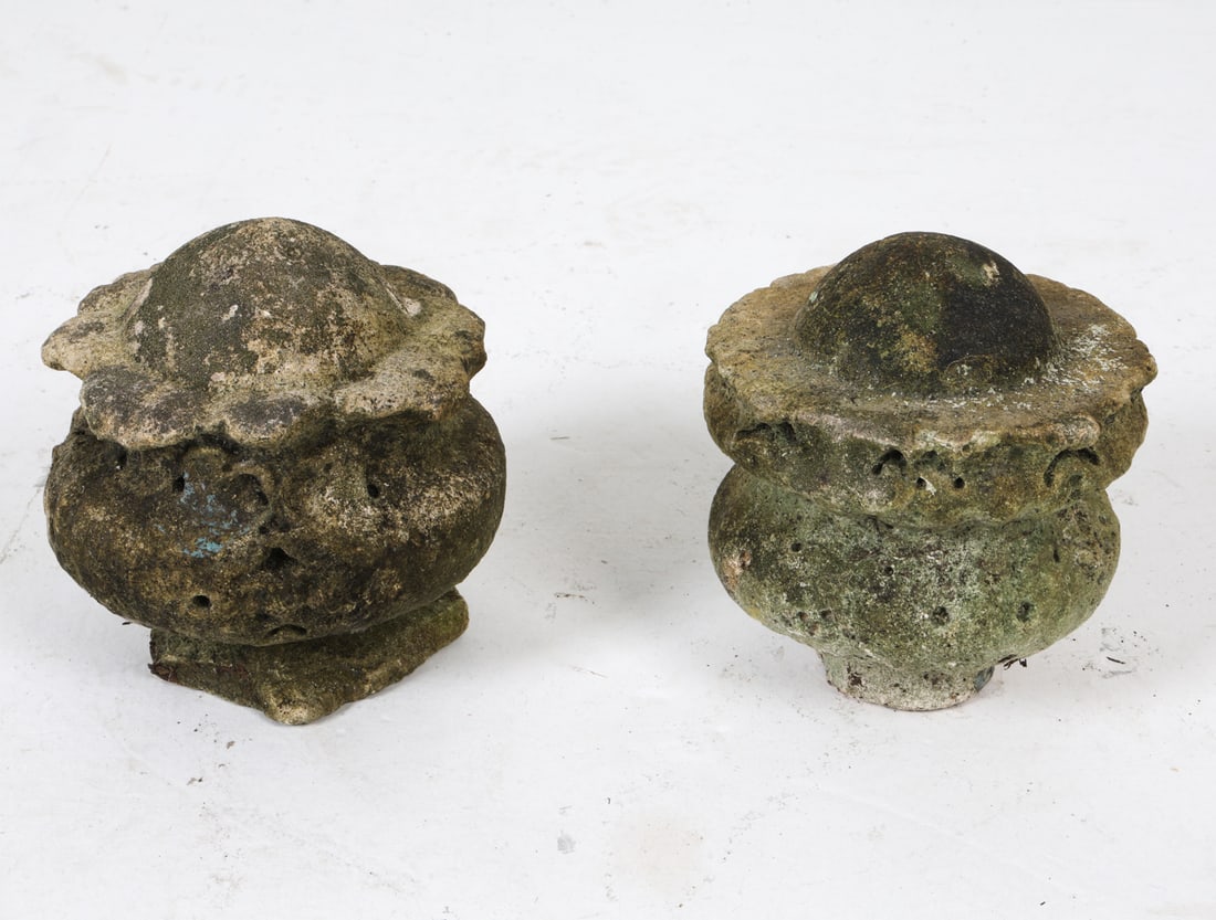 (2) CEMENT GARDEN SCULPTURES: Small cement sculptures in floral shape. Dimensions: H 7" x Dia. 7" Condition: Showing signs of wear including chips, losses add stress cracks consistent with age and outdoor exposure.