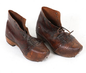 ANTIQUE PAIR DUTCH LEATHER & WOODEN SHOES