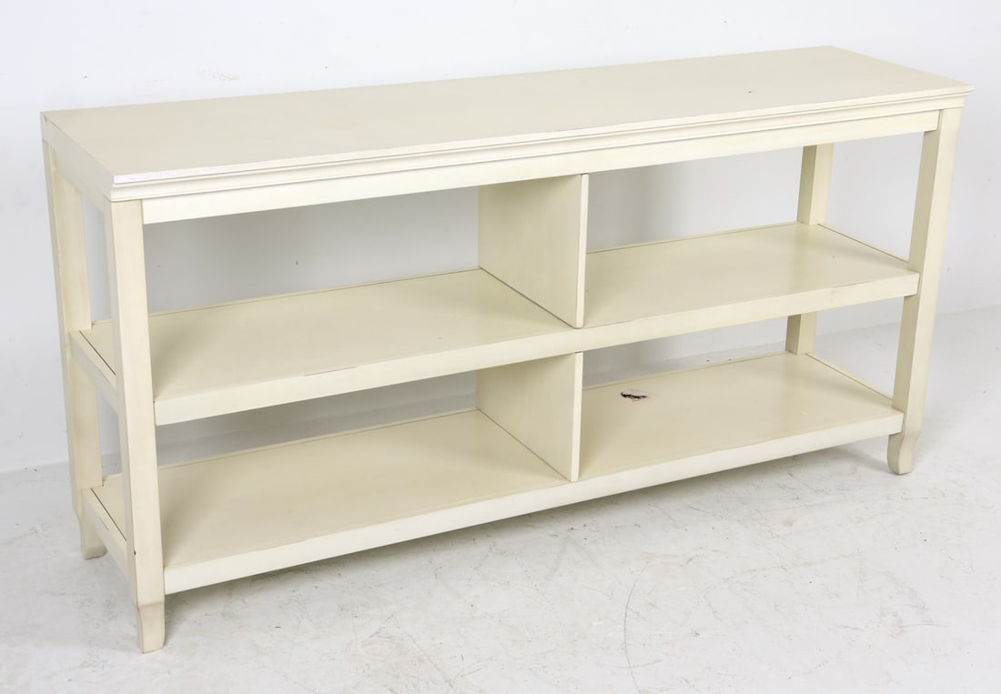 CONTEMPORARY CONSOLE BOOKCASE: Dimensions: H 30" x W 60" x D 16". Condition: Wear consistent with use. Old sticker on bottom shelf. Minor scuffs and scratches.