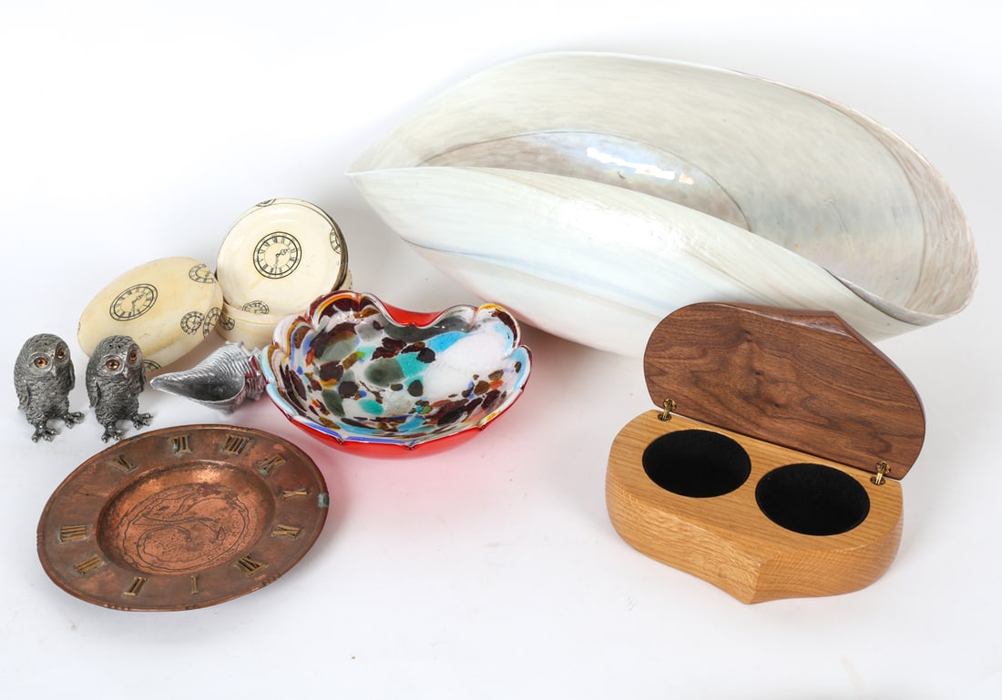 VINTAGE DECORATIVE GROUPING: Includes large ceramic bowl, art glass dish, set of coasters in box, pair of owl shakers, wooden inkwell box, and metal shell. Dimensions: (largest bowl) H 8" x W 20" x D 12" Condition: Showing varyin